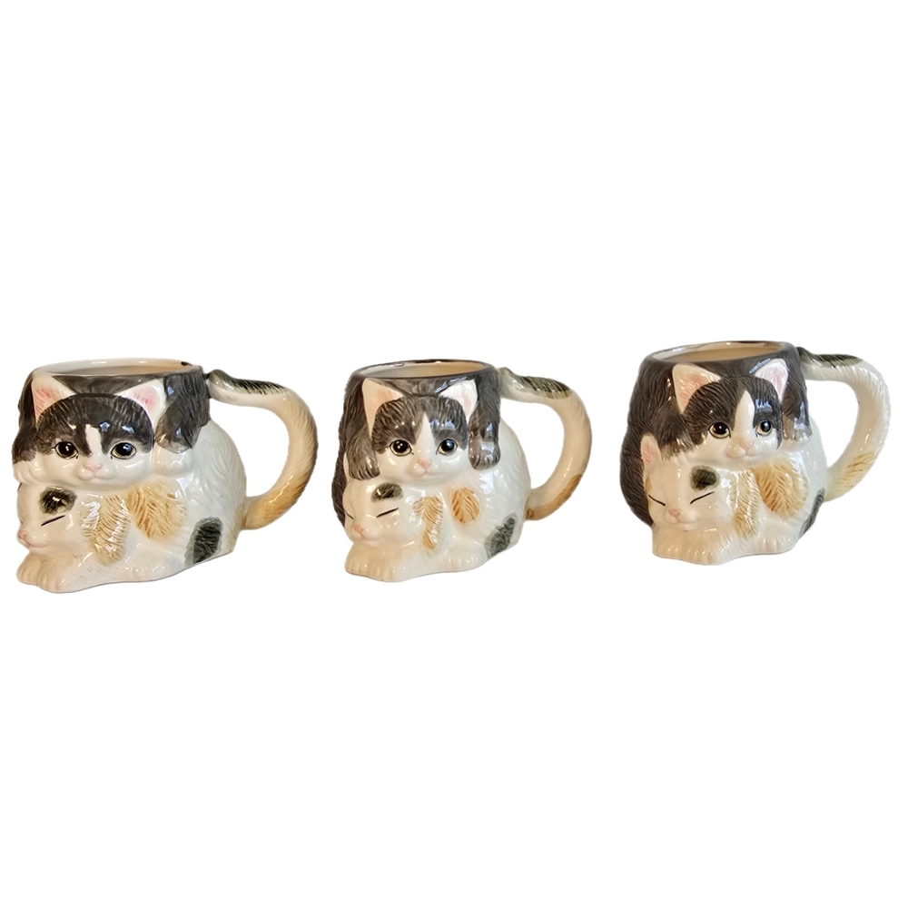 Vintage Hearth & Home Designs Cat Kittens Shaped Ceramic Mugs Set Of 3, 1988